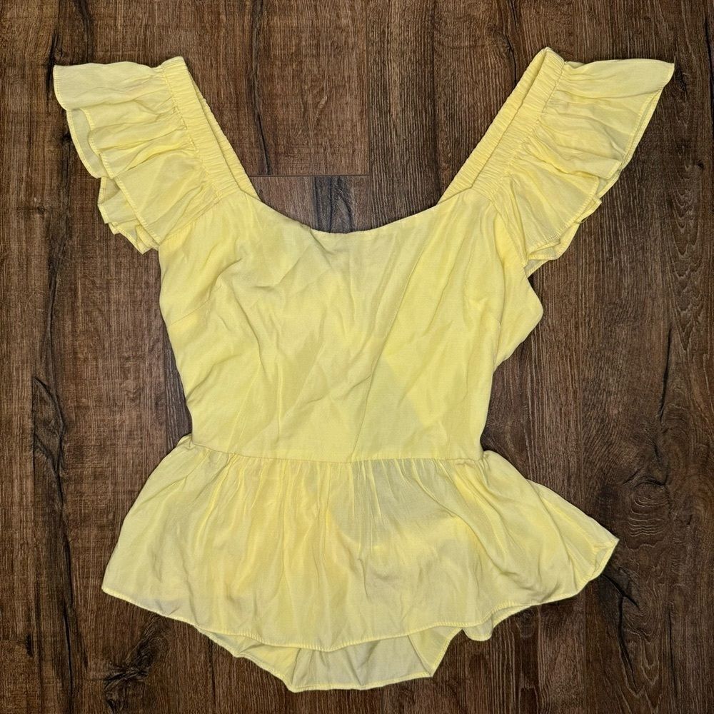 Flying Tomato Yellow Ruffle Sleeve Open Tie Back Peplum Blouse Top